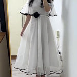 White Chiffon Flutter-Sleeve A-Line Maxi Dress With Black Scallop Trim & 3D Rosette Waist