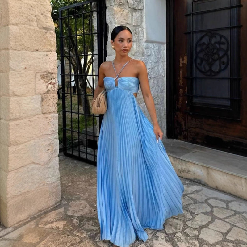 Pleated Sleeveless Sling Maxi Dress - blue