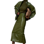 Faux Leather Batwing Zip Jacket & Fitted Midi Skirt Co-Ord - olive green