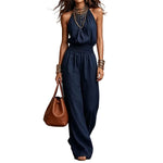 Halter Neck Shirred Waist Wide-Leg Jumpsuit - navy blue