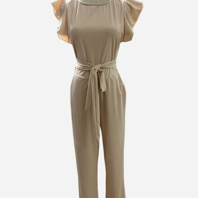Ruffle Sleeve Belted Wide-Leg Jumpsuit -apricot