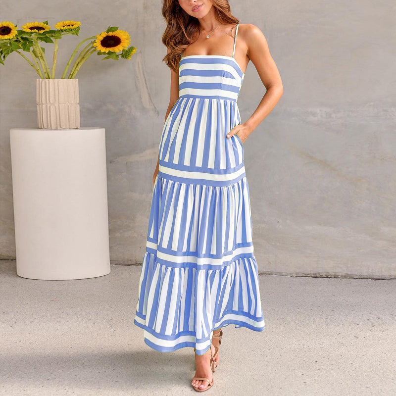 Striped Printed Suspender Long Midi Dress - blue and white