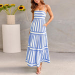 Striped Printed Suspender Long Midi Dress - blue and white