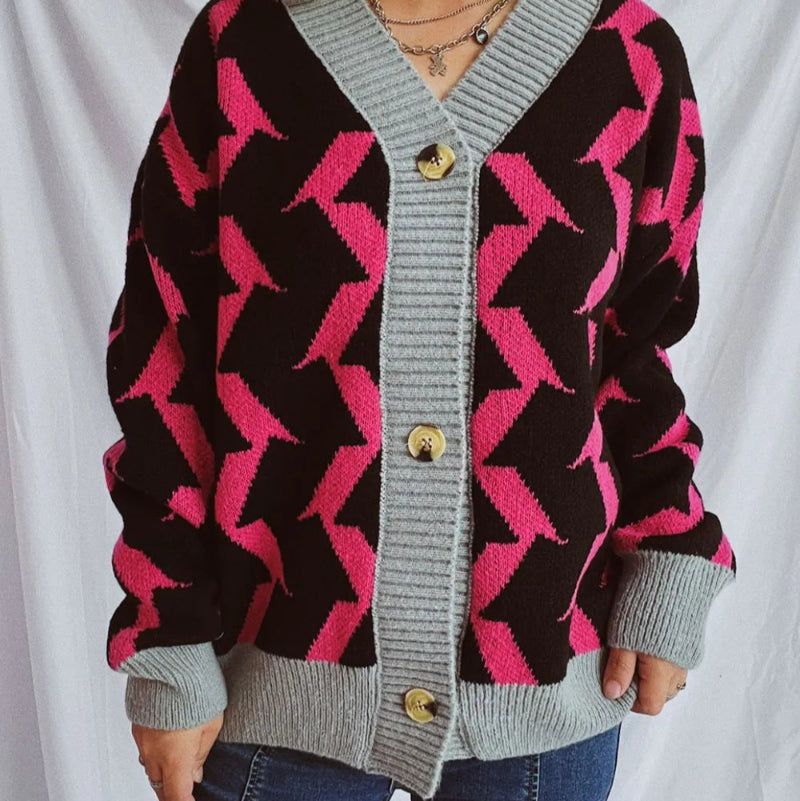 Contrast Trim Geometric V-Neck Long Sleeve Cardigan - runwayfashionista.com