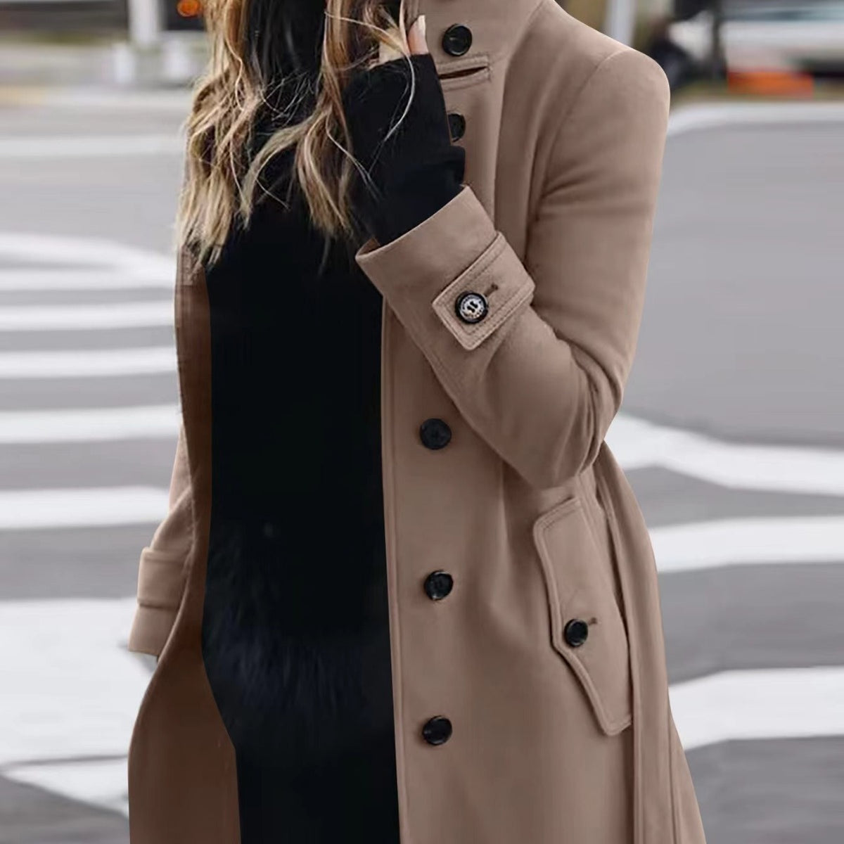 Single Breasted Stand Collar Woolen Coat