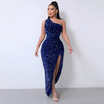 Velvet One-Shoulder Split Gown