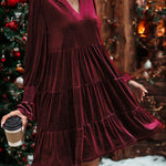 V-Neck Puff-Sleeve Velvet Mini Dress - wine red
