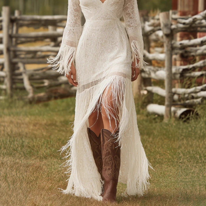 Lace Fringe-Tier Boho Maxi Dress - white