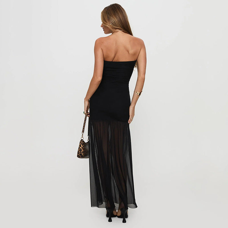 🖤 THE BREEZE-READY ICON: Strapless Mesh Midi Dress with Slit Skirt - black