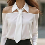 Halter Neck Long Sleeve Blouses - white