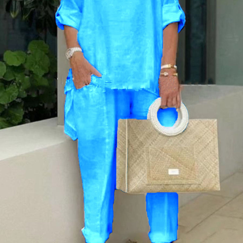 Chic Summer Casual Hemp-Cotton Suit - blue