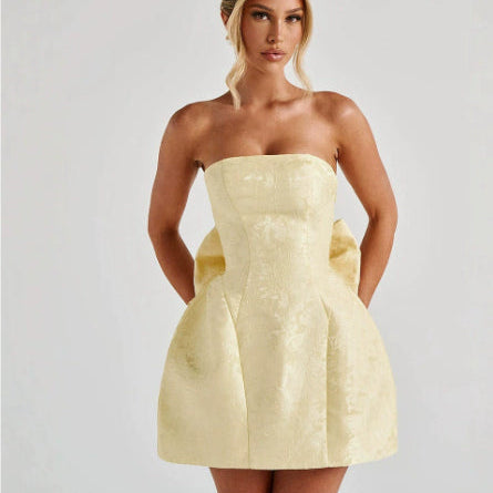 Tube Top Mini Dress With Big Bow - yellow