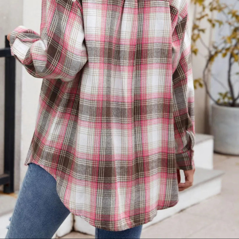 Plaid Collared Neck Long Sleeve Shirt - runwayfashionista.com