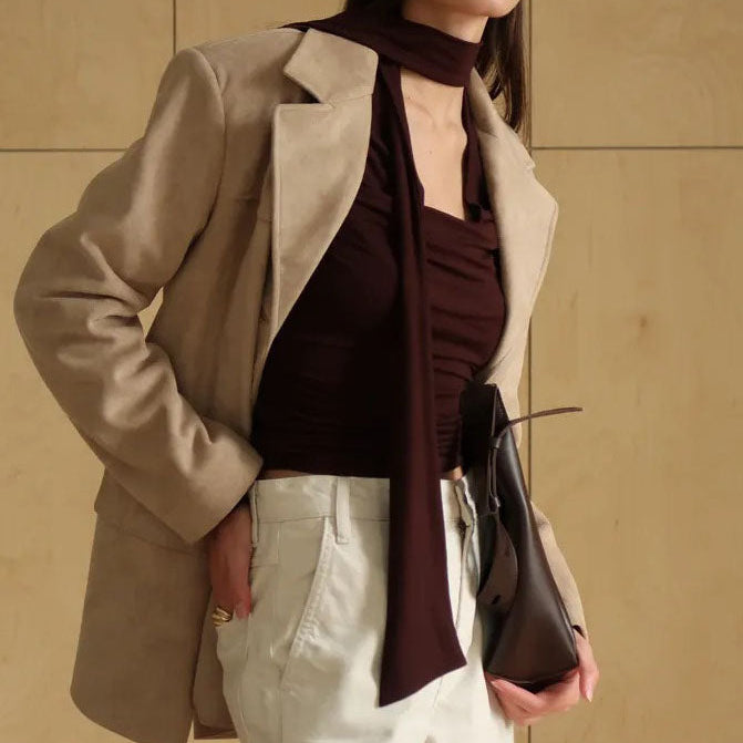 Ribbon V-neck Scarf Long-sleeved Base Top - brown