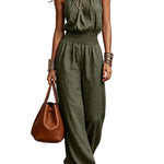 Halter Neck Shirred Waist Wide-Leg Jumpsuit - army green