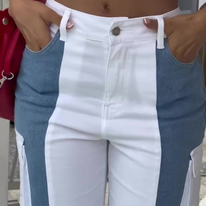 Contrast Pocket Cargo Jeans - white