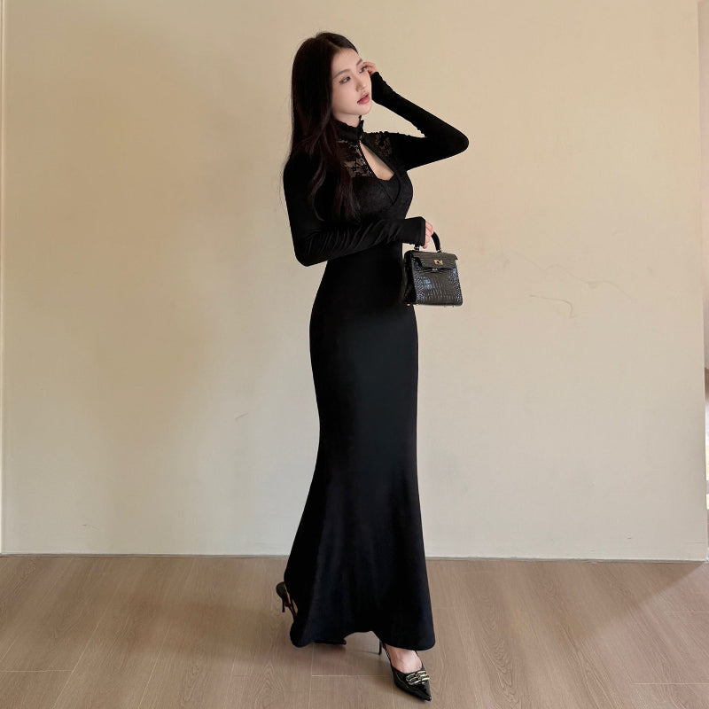 Daring Drama: Lace Patchwork Fishtail Midi Dress