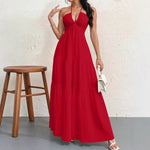 Backless Halterneck V-Neck Pleated A- Line Midi Dress - red