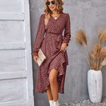 Floral Print Ruffle-Hem Belted Midi Dress - red