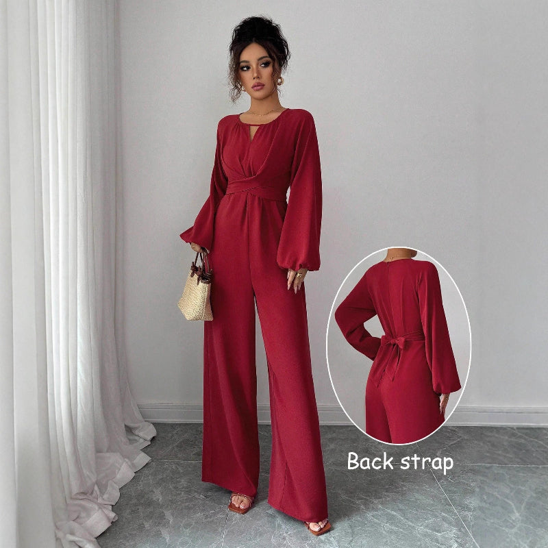 Square Neck Puffed Sleeve Jumpsuit - Red