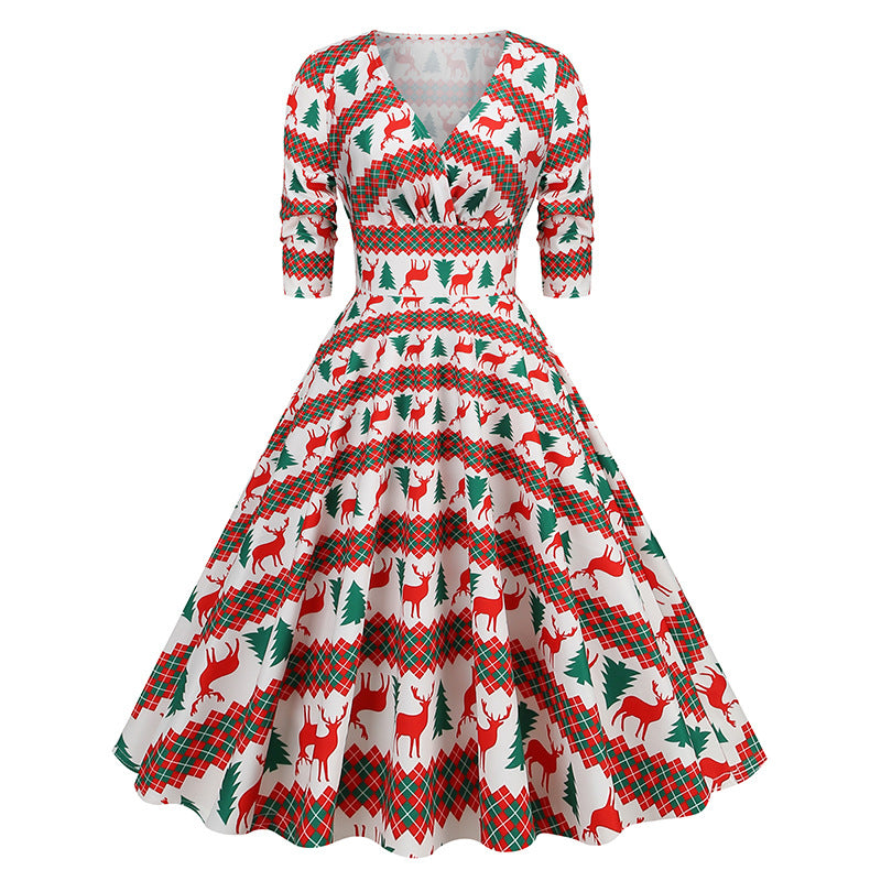 Snowflake Stripe V-Neck Midi Dress