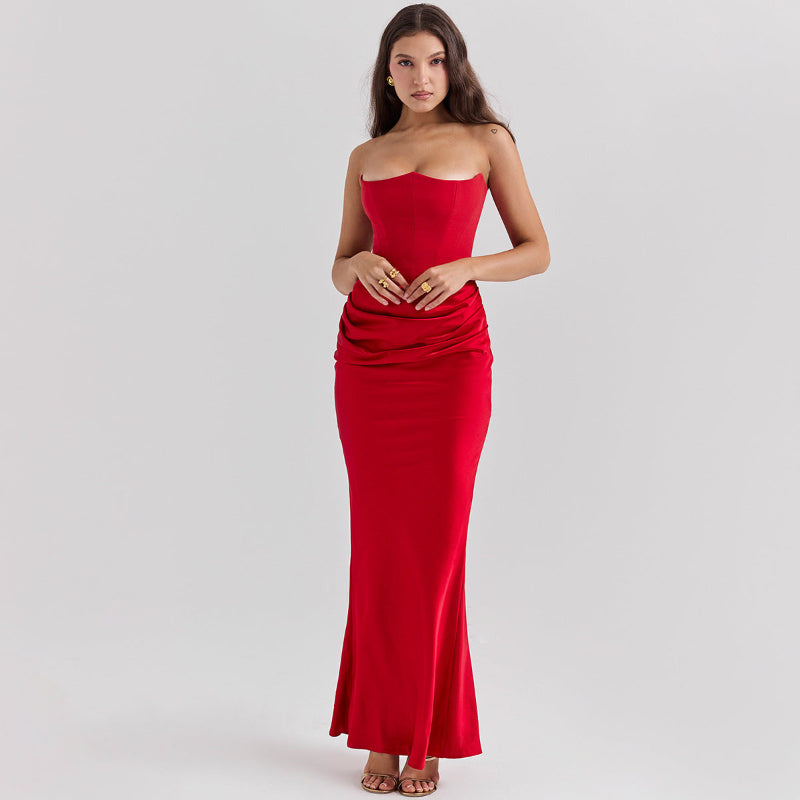 Tube Top Backless Evening Maxi Dress - red