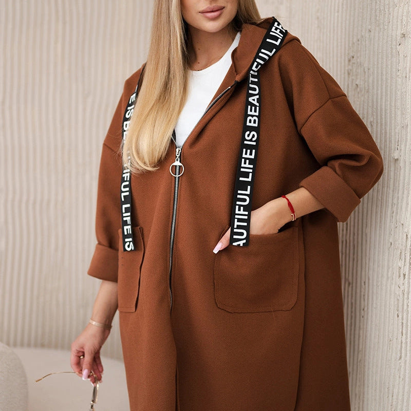 Large Size Long Sleeve Zipper Woolen Coat