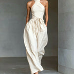 Linen Cross-Strap Wide-Leg Jumpsuit - white