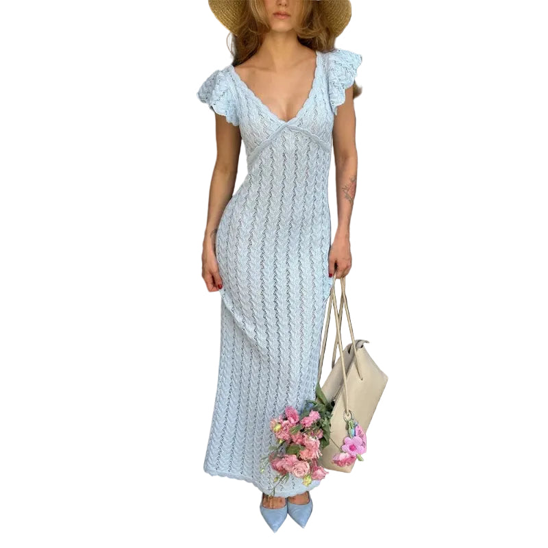 Flutter Sleeve V-Neck Openwork Maxi Dress - blue