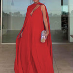 Red Pleated Maxi Dress & Cape Two-piece Set