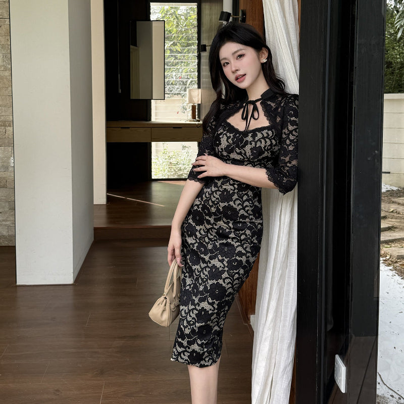 Edgy Lace Camisole Long Sleeve Midi Dress