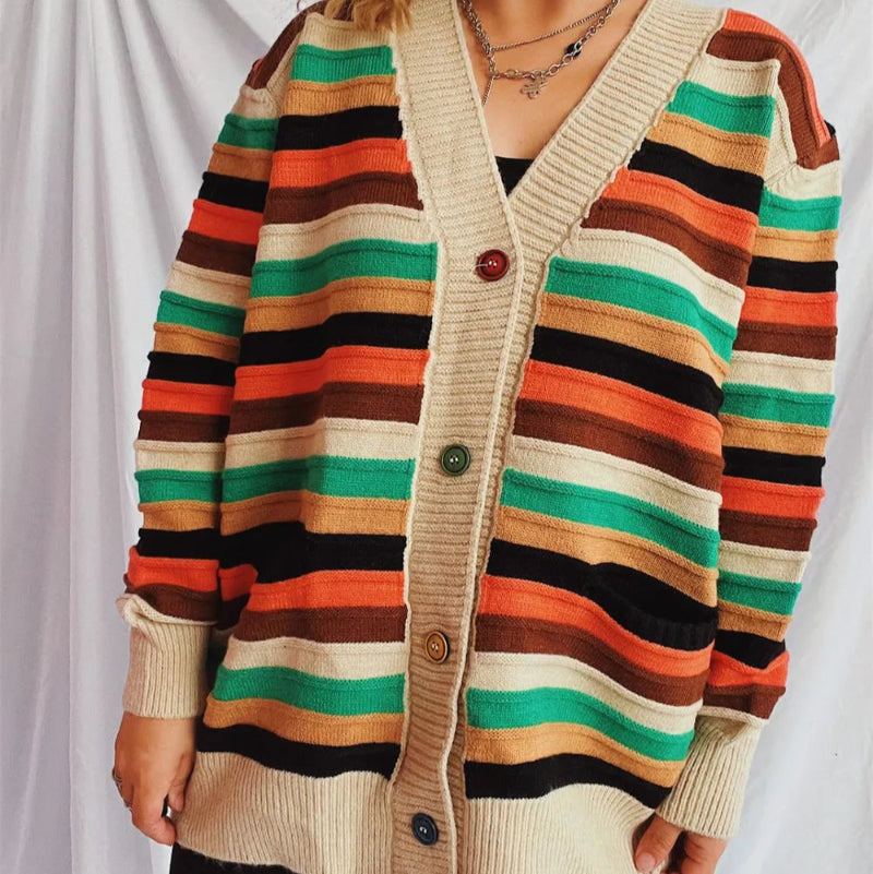 Contrast Stripes Button Up Long Sleeve Cardiganrunwayfashonista.com