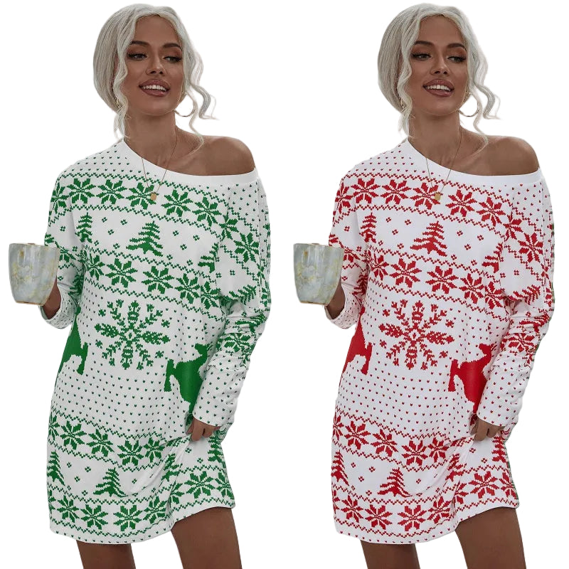 Christmas Snowflake Print Long-Sleeve Dress