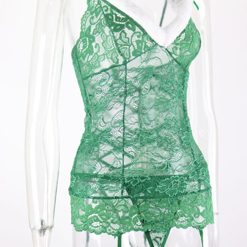 Green Lace Lingerie Slip with White Trim