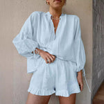 Loose V-neck lantern sleeve top & shorts