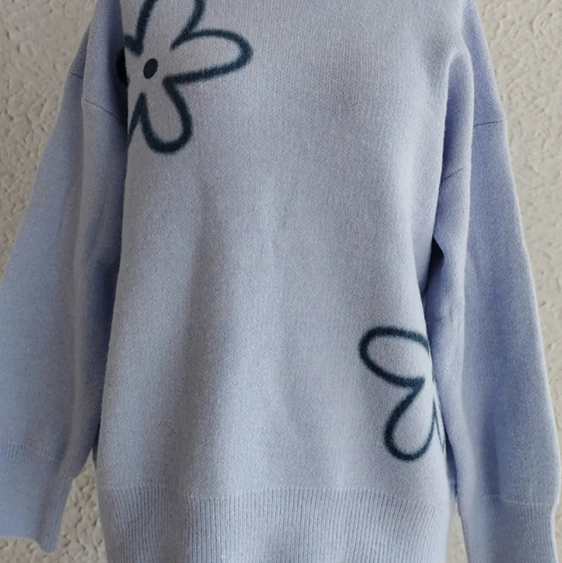 Flower Round Neck Long Sleeve Sweater - runwayfashioniista.com