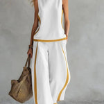 Round-neck Sleeveless Vest Top And High-waist Wide-leg Pants - white