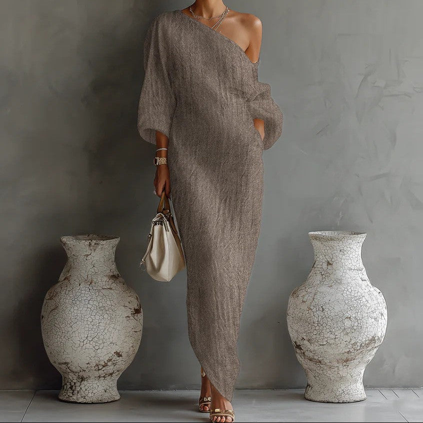 Irregular Off-shoulder Midi Dress - khaki
