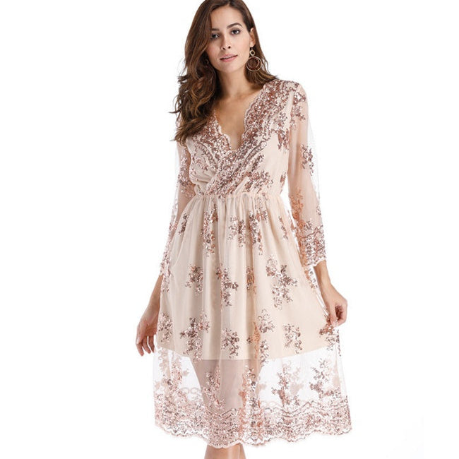 Floral Sequin V-Neck Midi Dress - white