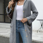 Pocketed Button Up Long Sleeve Hooded Cardigan - runwayfashonista.com