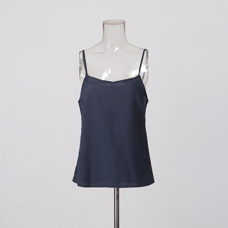Navy Blue Glossy Organza Self-Tie Bow Neck Balloon-Sleeve Cinched-Waist Asymmetric Blouse