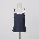 Navy Blue Glossy Organza Self-Tie Bow Neck Balloon-Sleeve Cinched-Waist Asymmetric Blouse