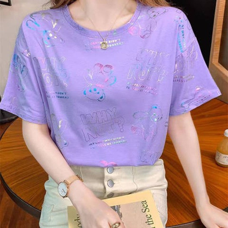 Cute Cartoon Loose Fit Milk Silk T-Shirt - purple