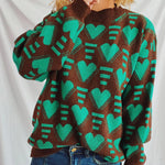 Heart Contrast Long Sleeve Dropped Shoulder Sweater -runwayfashionista.com