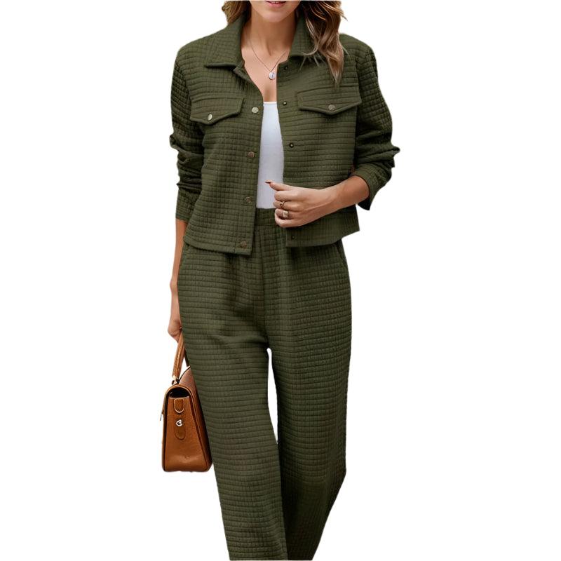 Plaid texture snap down top and pants set - runwayfashionista.com