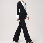 Contrast-Lapel Blazer and Flared Pants Suit