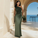 Slanted Shoulder Pleated Patchwork Satin Maxi Skirts