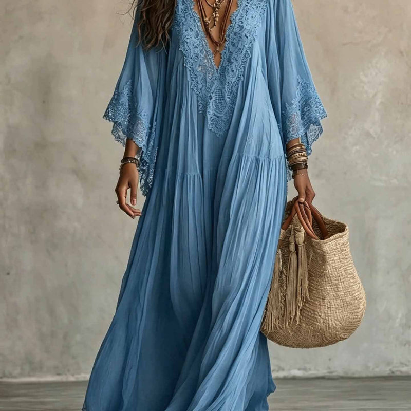 Lace-Trim V-Neck Flared-Sleeve Boho Maxi Dress - blue