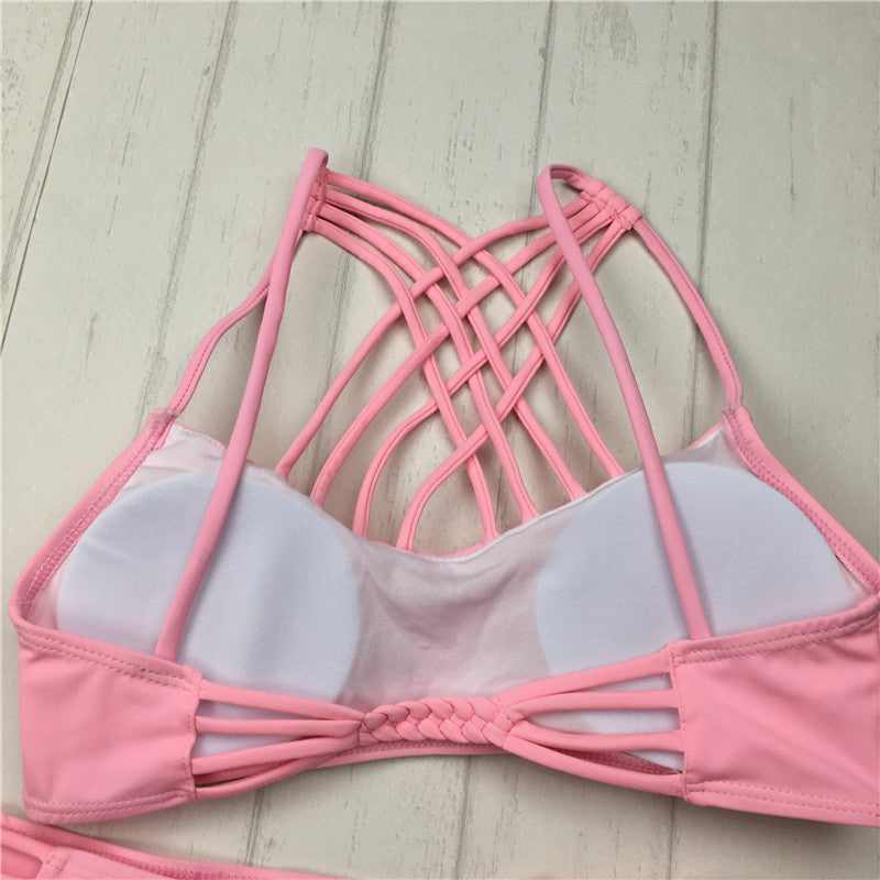 Cross-Strap Halter Bikini Set - pink