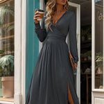 Lace Detail Slit V-Neck Long Sleeve Dress - runwayfashionista.com